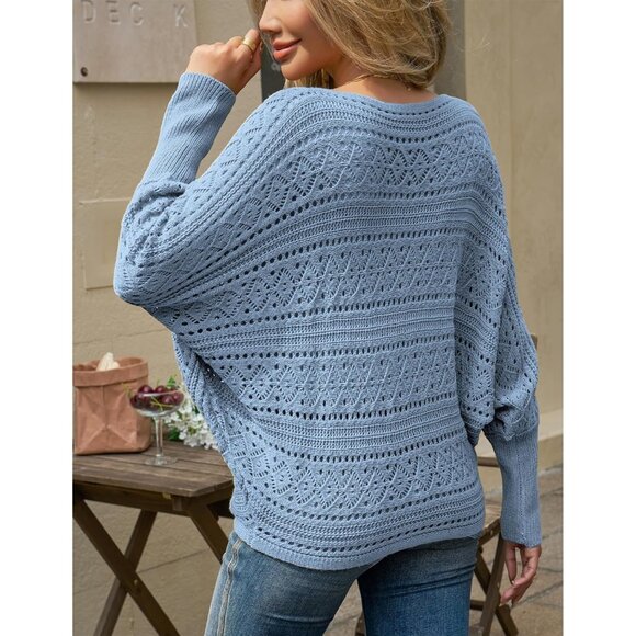 Women’s Blue Off Shoulder Batwing Crochet Sweater Top, Fall Trendy - Picture 4 of 6